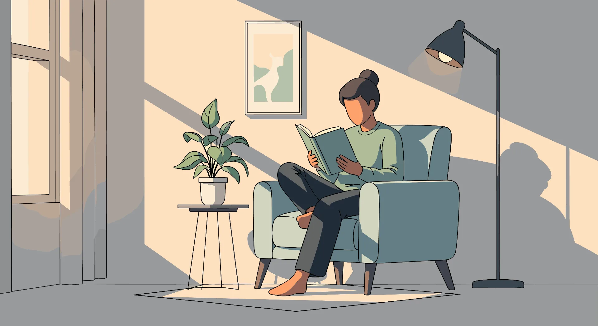 A person reading in a softly lit room with a plant by the window — a calm, private space for online therapy.